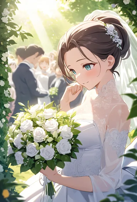 Portray a beautiful bride from the grooms point of view against the backdrop of a wedding scene taking place in a lush garden on a sunny day in June. The bride wears an elegant white wedding dress and her hair is elegantly pulled back in an updo. Her face ...