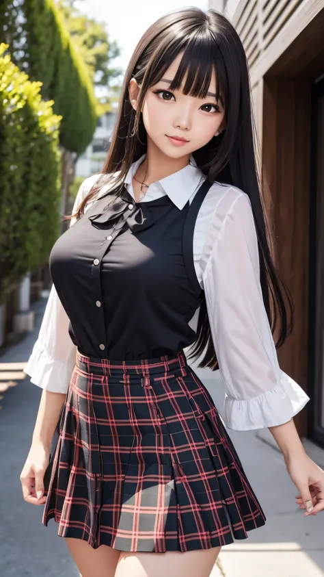 Detailed face、highlight、Asian Girl、thigh、breast enhancement、Black Hair、Heavy bangs、Checkered Skirt、White blouse、 