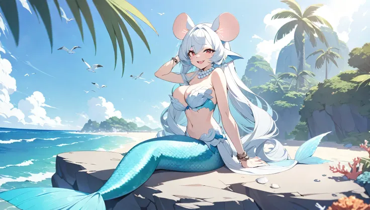 (best quality,4k,8k,highres,masterpiece:1.2),ultra-detailed, Pretty anthropomorphic albino mouse girl magically transformed into a beautiful mermaid, race swap, fantastic transformation,sharp teeth, is smiling, drawn in anime style, steampunk, fishlike, ve...