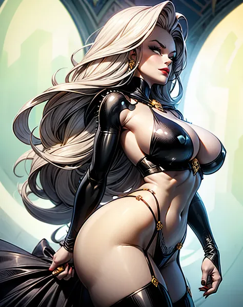 Lady Death as woman,beautiful detailed eyes,beautiful detailed lips,long black hair,perfect skin,curvy figure,intense gaze,seductive expression,soft lighting,fine details, perfect hand,  a fist, perfect anatomy, perfect arms,