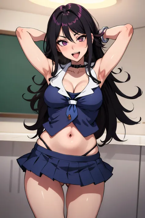 1girl, solo,  long hair, black hair, cleavage, jewelry, bracelet, purple eyes,  sumeragi lee noriega, , blush, lipstick, mouth open and tongue out ,  masterpiece, best quality, highly detailed, a anime girls in sailor uniforms with a gun posing for a pictu...