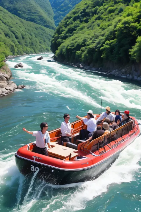 Hozugawa River Cruise」teeth、This is a tourist activity where you can enjoy the beautiful scenery dotted with rapids and huge rocks.。夏teeth新緑、Close-up、Splash。