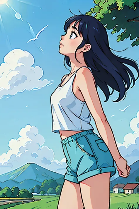 Summer in Japan、Nostalgic、cute、Solo Girl、blue sky、Large Entrance Clouds、Green Mountain、profile、Realistic background、White tank top、Blue shorts、The person is small、countryside、Look Up、Stretching oneself、sun
