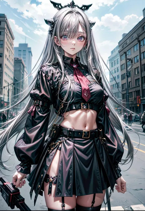 masterpiece, best quality, centered, cowboy shot, highres, elizabeth, 1girl, jewelry, single thighhigh, (long silver hair, hair ...