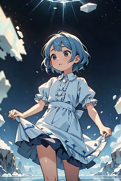 Absurd, High resolution, (Official Art, beautifully、aesthetic:1.2), (Shortsighted:1.15), (One girl, Blue Hair, Medium Hair, blue eyes, Bright Eyes, long white dress, Blue frills,:1.2) blue sky, Sparkling Galaxy, (Uyuni salt lake:1.2), (Fractal Art:0.8), wa...