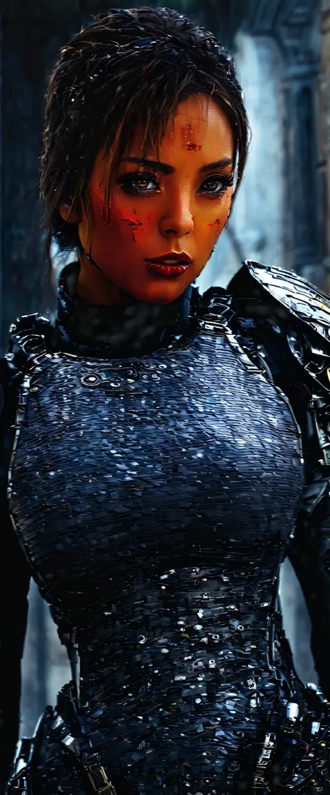 a sister of battle, beautiful detailed eyes, beautiful detailed lips, extremely detailed eyes and face, long eyelashes, lovely woman, tight powered armor combat suit, gold and red color scheme, big dangerous gun, scouting a war torn ruined gothic city, tre...