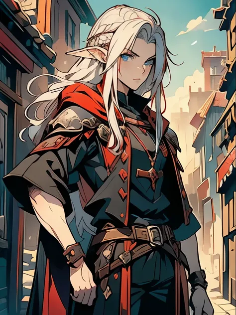 young 20s handsome elf ,man, long red and white hair, wearing black wizard outfit, with serious face, blue eyes, character, anim...