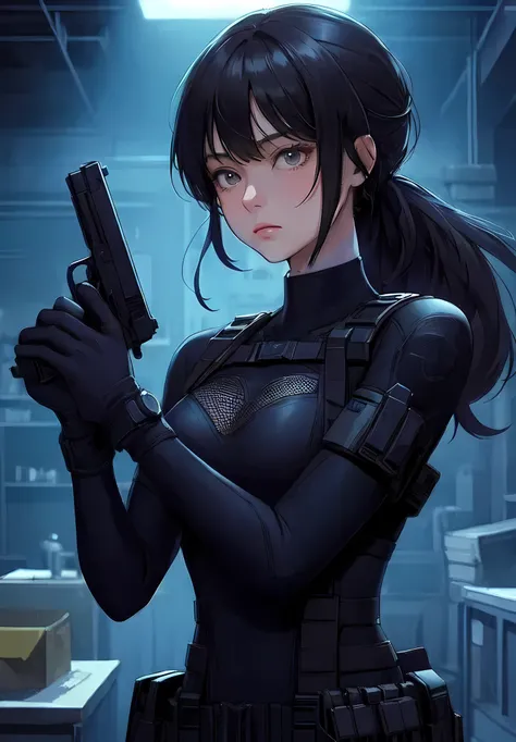 1lady standing, agent, combat suit (dark colored), wet suit, (mature female:0.9), /(black hair/) bangs, cool expression, dignified, (masterpiece best quality:1.2) delicate illustration ultra-detailed, large breasts BREAK (holding handgun in hand) BREAK (hi...