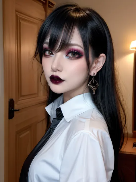 1girl, goth, goth makeup, white collared shirt, indoors, earrings, looking at viewer