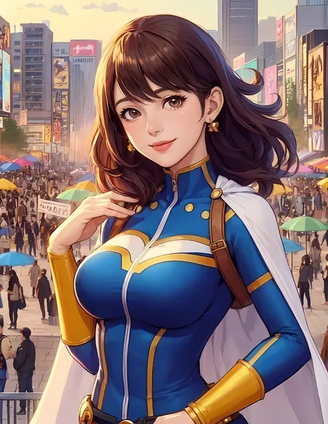 1lady standing, cosplayer, stylish, belt, (mature female:0.9), /(brown hair/) bangs, kind smile, (masterpiece best quality:1.2) delicate illustration ultra-detailed, large breasts BREAK (anime-related event) outdoors, (outdoor venue), square, crowded, audi...