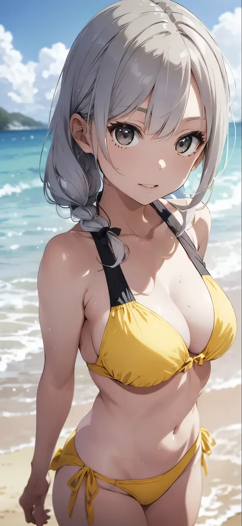 Silver-haired girl drawn in high resolution Japanese anime style、whole body、Women in yellow bikinis taking photos on a deserted beach, Bikini Model, , A young and cute gravure idol, Posing together in bras, Russian and Japanese mix, sakimichan, Asian woman...