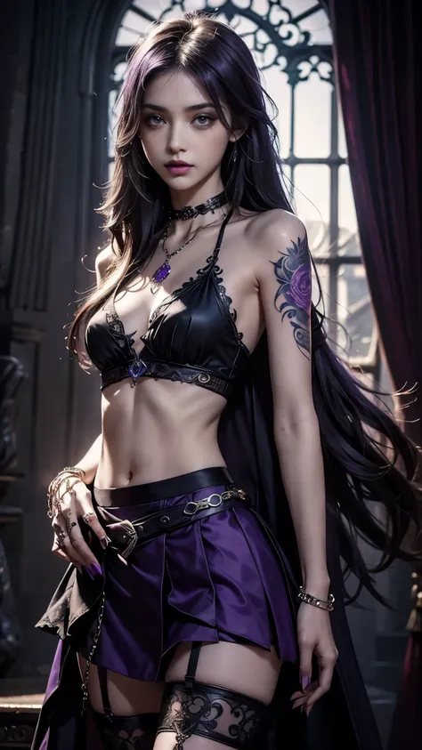 Gothic style photorealistic. 1girl, ((tattoo)), long hair, solo, navel, detailed eyes, jewelry, bracelet, choker, small breasts, looking at viewer, realistic, necklace, ((purple skirt)), bare shoulders, thigh highs, Dark, mysterious, haunting, dramatic, or...