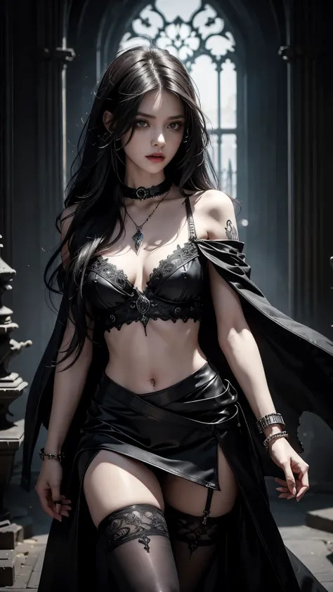 Gothic style photorealistic. 1girl, tattoo, long hair, black hair, solo, navel, detailed eyes, jewelry, bracelet, choker, small breasts, looking at viewer, realistic, necklace, white skirt, bare shoulders, thigh highs, Dark, mysterious, haunting, dramatic,...