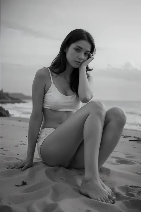 pencil sketch a simple girl like waiting for something on the lonely beach