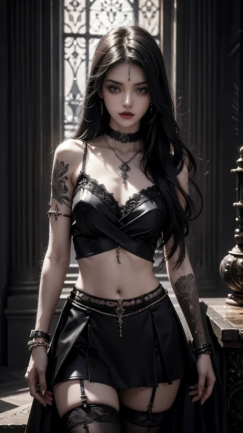 Gothic style photorealistic. 1girl, tattoo, long hair, black hair, solo, navel, detailed eyes, jewelry, bracelet, choker, small breasts, looking at viewer, realistic, necklace, white skirt, bare shoulders, thigh highs, Dark, mysterious, haunting, dramatic,...