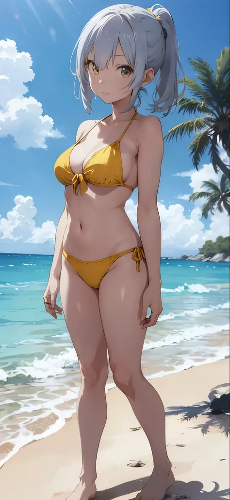 Silver-haired girl drawn in high resolution Japanese anime style、whole body、Women in yellow bikinis taking photos on a deserted beach, Bikini Model, , A young and cute gravure idol, Posing together in bras, Russian and Japanese mix, sakimichan, Asian woman...