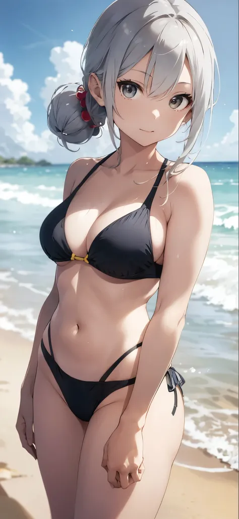 Silver-haired girl drawn in high resolution Japanese anime style、whole body、Women in yellow bikinis taking photos on a deserted beach, Bikini Model, , A young and cute gravure idol, Posing together in bras, Russian and Japanese mix, sakimichan, Asian woman...