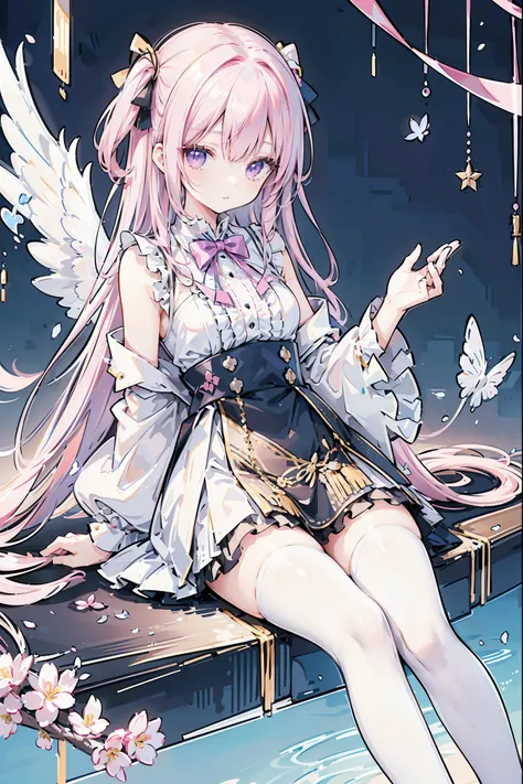 This character is a beautifully designed anime-like character with delicate features. She has long, pastel pink hair that flows down to her ankles, with bangs swept to the side. Her eyes are large and expressive, with pink irises, which are commonly seen i...