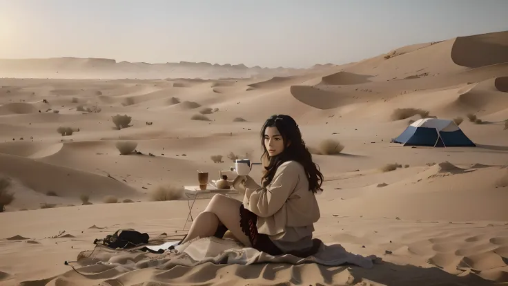 araffe sitting on a blanket in the desert with a cup of coffee, at the desert, in desert, in the desert beside the gulf, in a desert, in the middle of the desert, in the desert, overlooking the sand dunes scenery, on the desert, desert setting, dunes in th...