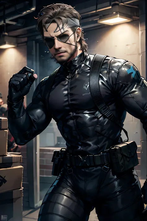 Tight Combat Suit, sneaking suit, 1boy,  Big Boss(Metal Gear Solid), blue eyes, brown hair, facial hair, (single eyepatch:1.2), (grey headband:1.3),  

Sneaking into enemy territory while carrying an M4 carbine, hiding along a wall in a dimly lit building