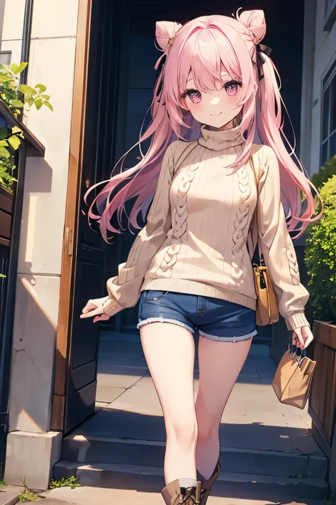 Pink Hair、Pink Eyes、girl、Small breasts、Hair Bun、girl、Small breasts、Lolita、Bright smile、Looks about 15 years old、Petan Musume、short、目のhighlight、Sexy thighs、Walking Outside、blue sky、(Long knit sweater with beige high neck:1.4), ,(Blue jeans fabric shorts),(B...