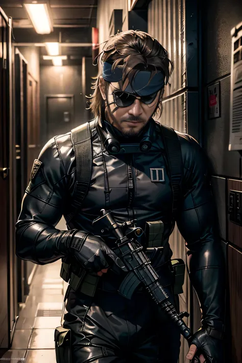 tight combat suit, sneaking suit, 1boy, big boss\(metal gear solid)\, blue eyes, brown hair, facial hair, (single eyepatch:1.2),...