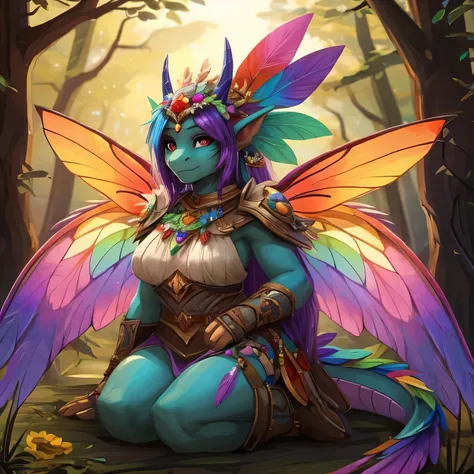 anthromorph, shortstack, world_of_warcraft, fairy_dragon, dragon, 1female, fairy_wings, feather_on_head, rainbow_coloured_wings,...