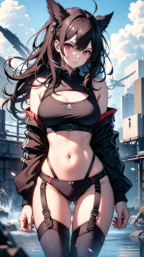 Highest quality、Highest quality、Masterpiece、girl((American、half、18-year-old、as soon as、Highest Bust、Medium Bust、Wide open chest、Red glowing eyes、Black Ear、Red Mesh、Disheveled Hair、Loincloth、thin、The best valley、Open chest、hair ornaments、Full body view、pant...