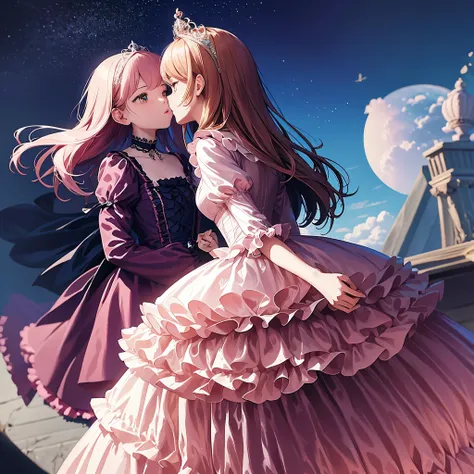 highest quality, masterpiece, highest resolution, artwork, super それにget used to it, many get used to it, get used to it, それにget used to it, woman, 10 years old,the two girls are princesses,((pink victorian voluminous ball gown dress)),long sleeve,long dres...