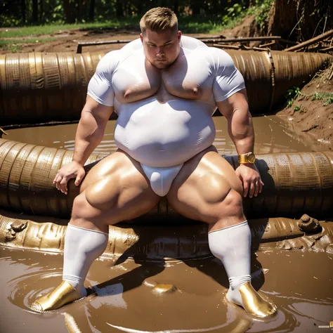 full body view, a big large fat over-muscular obese male Scott Porter looking like as a pig with golden rings, blond undercut haircut, white lycra suit, white socks, no shoes, with a snout pierced with a large gold ring, all muscles over-inflated hyper-dev...