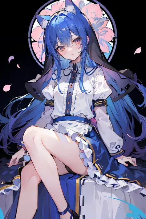 (masterpiece:1.2),Extremely detailed,Practical,expressive eyes,Fair skin,Perfect face shaping,1 Girl,
Japanese cartoons,Gorgeous blue hair, the long flowing blue hair,Floating clothes,Cat ears,Petals fall,beautiful lola,Angel,
Place your hands on your wais...