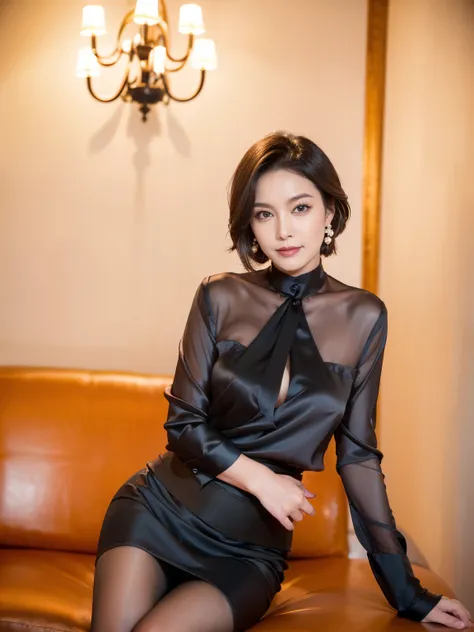 （RAW Photos：1.2）、 (Realistic:1.4),（D cup breasts）,Thick legs、alone、(Black Silk_blouse:1.5),(Black pencil skirt:1.4),(Pearl_Earrings:1.3),Jewelry Necklace Short Hair,black eye、（Dimly lit hotel room：1.8）、（Looking at the audience：1.2）、Beautiful Japanese Woman...