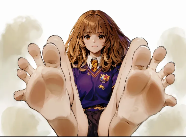 masterpiece, overall view (hermione granger), in a hogwarts uniform intimate, detailed, full body shot, very detailed face, hogw...