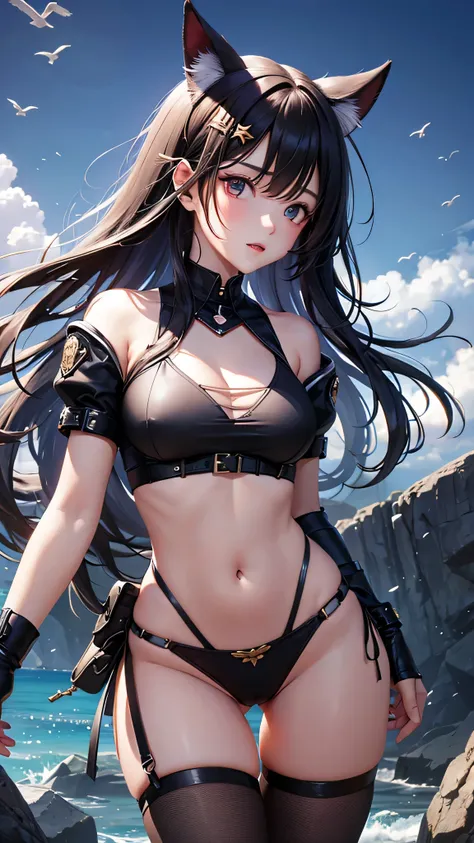 Highest quality、Highest quality、Masterpiece、girl((American、half、18-year-old、as soon as、Highest Bust、Medium Bust、Wide open chest、Red glowing eyes、Black Ear、Red Mesh、Disheveled Hair、Loincloth、thin、The best valley、Open chest、hair ornaments、Full body view、pant...