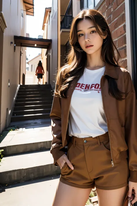 A woman is climbing the stairs of a building, standing outside the house, Writer: In front of the two-story house, movie costume pictures, Beautiful woman wearing a brown jacket over a red sleeveless t-shirt, brown clothes, loose brown shorts, brown jacket...