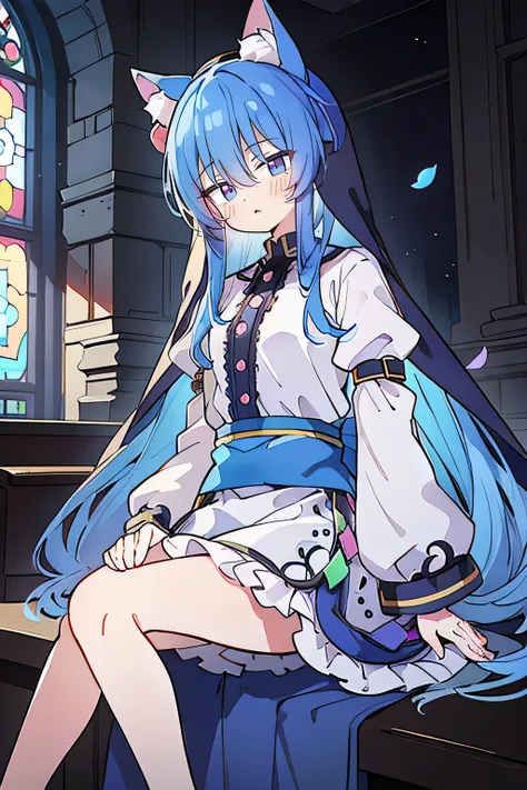 (masterpiece:1.2),Extremely detailed,Practical,expressive eyes,Fair skin,Perfect face shaping,1 Girl,
Japanese cartoons,Gorgeous blue hair, the long flowing blue hair,Floating clothes,Cat ears,Petals fall,beautiful lola,Angel,
Place your hands on your wais...