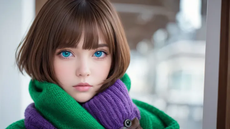 girl, Brown Hair, Bob Haircut, With bangs, A purple snow jacket with a green sweater inside, With hands together, A little serious expression, Big eyes,  White gloves, blue eyes,