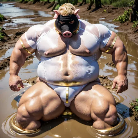 full body view, a big large fat over-muscular obese male Scott Porter looking like as a pig with golden rings, blond undercut haircut, white lycra suit, white socks, no shoes, with a snout pierced with a large gold ring, all muscles over-inflated hyper-dev...