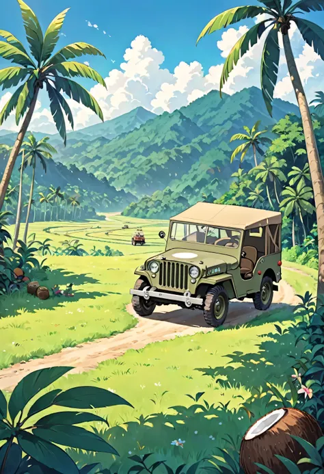 a heartwarming retro anime-inspired of a detail jeep willys with background beautiful tropical hill woods, distance rice field a...