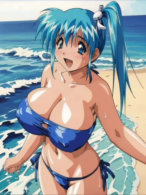 (high resolution、high quality、Masterpiece)、diver_misaki,1990s(style), aqua hair, side ponytail hair, hair ornament, blue eyes, (strapless,blue bikini:1.4), (beach,sea side,sea:1),water,(wet,sweat:1)(gigantic breasts:1.5),(blush,sexy,erotic),happy smile,ope...