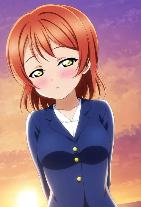 Masterpiece, best quality, nishikino maki,solo , red hair, yellow eyes, blush, sunset, semi closed eyes, love scene , arms behind back,love live style 