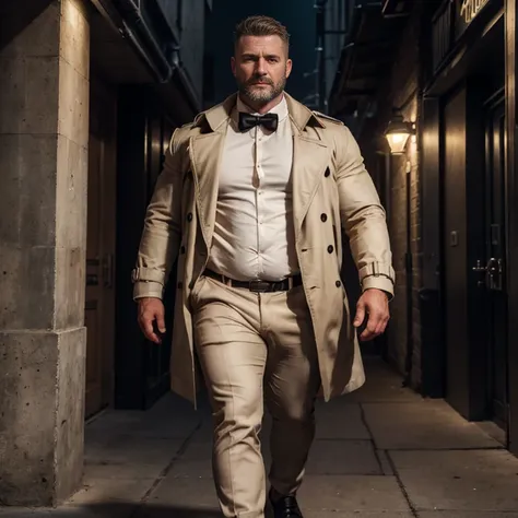 An award-winning original photo，A wild muscular uncle, 40 years old , plump, chubby cheeks,1boy, Solo, beige trench coat, white dress shirt, black tie, black base pants, crew cut hair, Beautiful eyes, (Detailed face:1.3), (Best quality, A high resolution),...