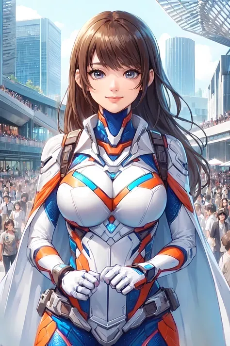 1lady standing, cosplayer, (futuristic superhero costume) stylish, belt, (mature female:0.9), /(light brown hair/) bangs, kind smile, (masterpiece best quality:1.2) delicate illustration ultra-detailed, large breasts BREAK (anime-related event) outdoors, (...