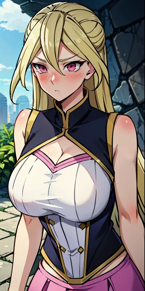 masterpiece, best quality,Gloria Tyler, blonde hair, pink eyes,serious, long hair, large breasts,sleeveless,pink skirt, (ruins),blush,tight skirt, miniskirt ,(upper body),huge tits