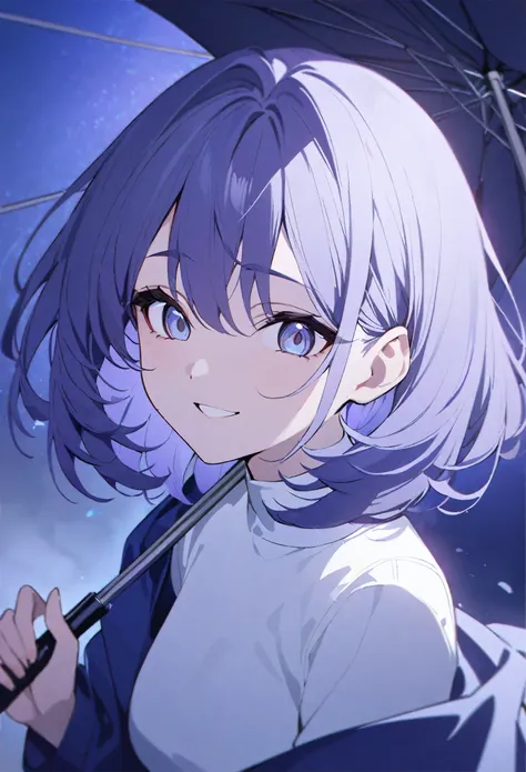 One girl、Anime Style、Blue-grey eyes and hair、Big Eyes、Eye highlights、Medium Hair、White shirt、Navy blue jacket、Beautiful indigo rain background、smile、highest quality、Masterpiece、I have an umbrella