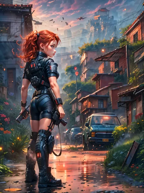 A young red-haired female character，Wearing a black tight combat suit，The belt is full of small tools，She strikes a vigorous fighting stance，Always ready for any challenge，She stands in front of a suburban background，This is a typical quiet neighborhood.，H...