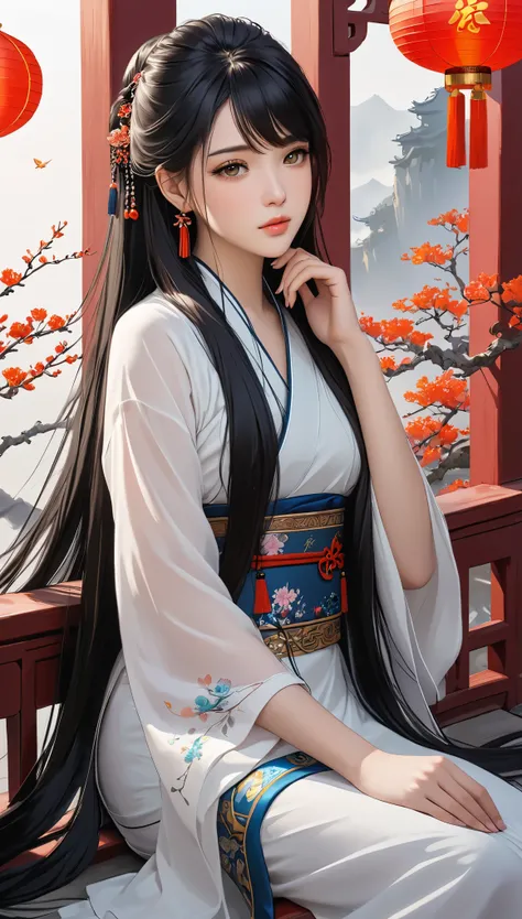 black hair, 1 girl, pretty face, beautiful eyes,long_hair, alone, jewelry, Art, Chinese, rest,