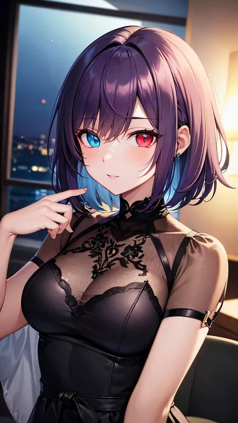 highest quality, 8k, 4K, High resolution, (Beautifully detailed face), High Contrast, Hotel Lounge, The upper body is visible,1girl,only,short hair,purple hair,heterochromia(red eyes,blue eyes),Upper Eye,Large Breasts,night,Black dress