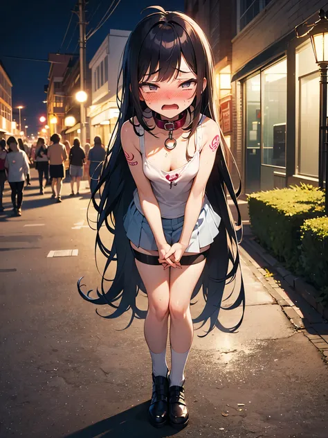 NSFW,Very long hair、Messy Hair、Flat Chest,Tank top,Micro Mini Skirt,Knee-high socks,Tattoo,(Iron Collar:1.5),(Perfect hands),(Perfect Anatomy),(masterpiece),(highest quality),(Embarrassed:1.5),blush,Feeling embarrassed,(Ecstasy face:1.5),Downtown at night,...