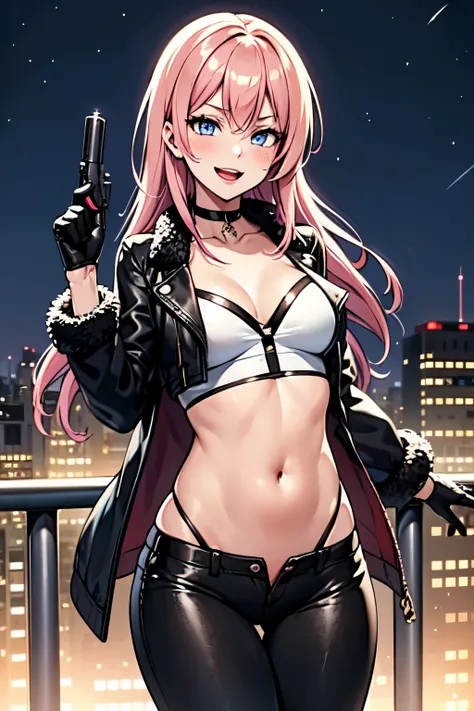 1girl, Tenebria,  (pink hair), evil, blush, lipstick, long hair, pink hair, medium breast, crazy eyes , outdoors, rooftop, cityscape, building, railing, night, night sky, scenery,  city lights, fur trim, mature female, gloves, fur-trimmed coat
masterpiece,...